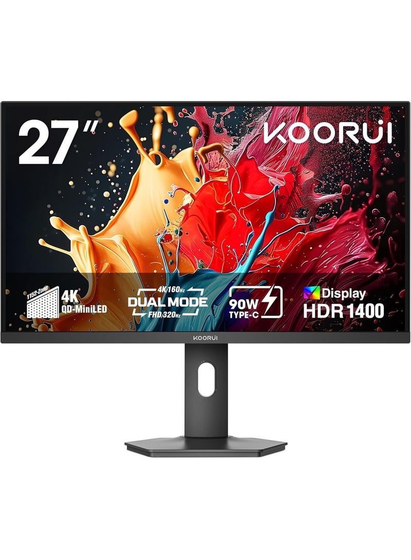 KOORUI 27-Inch 4K QD-Mini LED IPS Gaming Monitor | Dual-Mode UHD 160Hz or FHD 320Hz, 0.5ms, 99% Adobe RGB, HDR1400, 90W USB-C, HDMI 2.1 & DP 1.4, VESA Adjustable Stand – Tilt, Height, Swivel, Pivot S2741LM - Image 1