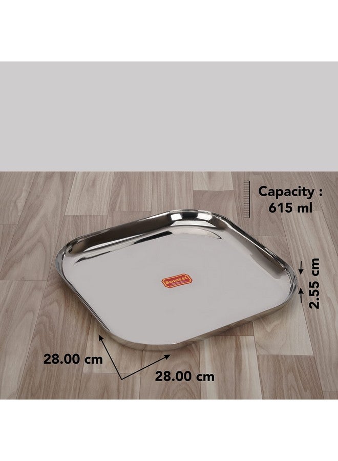 Sumeet Stainless Steel Big Square Shape Plate/Dinner Plate/Lunch - Meal Plate Set of 4pcs, 28cm dia, Silver - Image 4