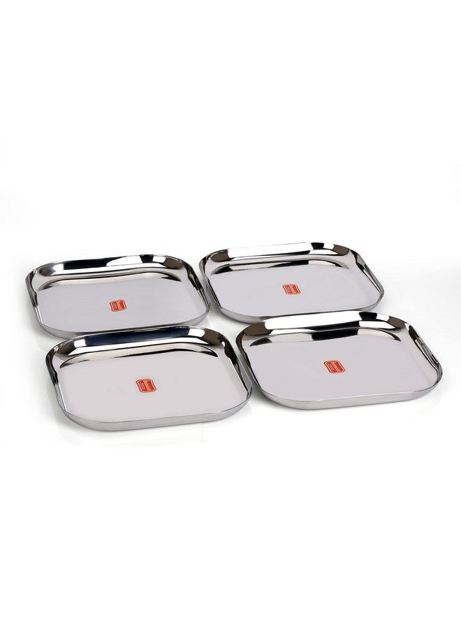 Sumeet Stainless Steel Big Square Shape Plate/Dinner Plate/Lunch - Meal Plate Set of 4pcs, 28cm dia, Silver - Image 1