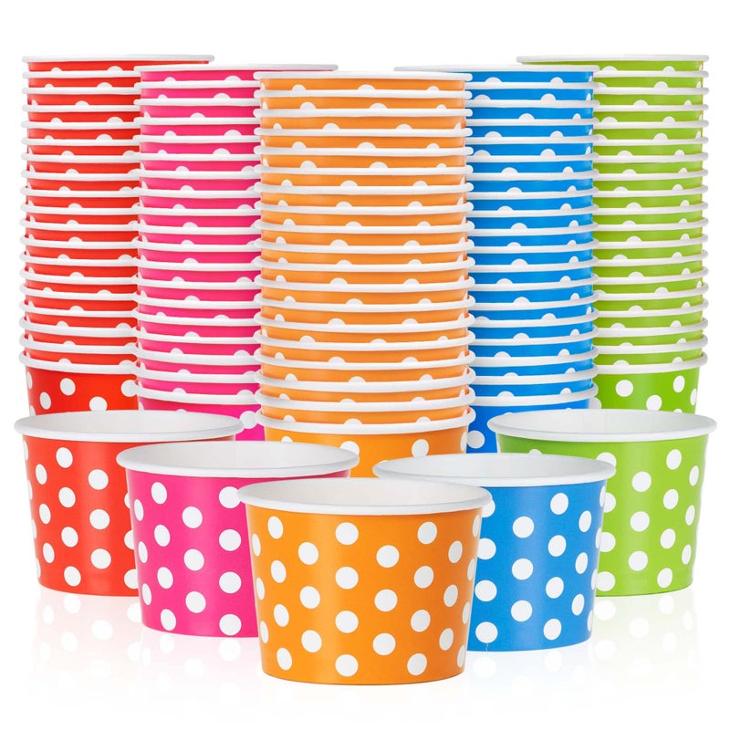 MATICAN Paper Ice Cream Cups  100Count 4Oz Disposable Dessert Bowls for Hot or Cold Food 4Ounce Party Supplies Treat Cups for Sundae Frozen Yogurt Soup 5 Colors Polka Dots