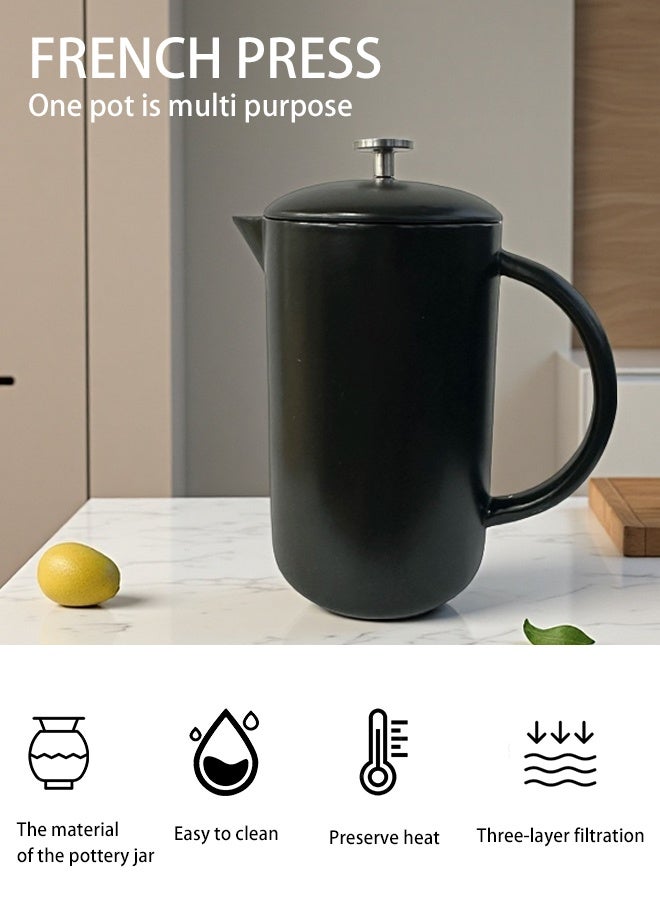 صانعة قهوة فرنش بريس من السيراميك بسعة 1 لتر – إبريق فخاري يحافظ على الحرارة مع فلتر من الفولاذ المقاوم للصدأ بثلاث طبقات، سهل التنظيف ومتعدد الاستخدامات للقهوة والشاي - Image 2