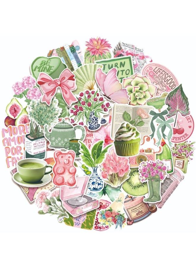 قوس قزح أورينبو 50 قطعة من الملصقات الوردية الخضراء المريمية ملصقات جمالية على شكل فيونكة للبنات ملصقات فينيل مقاومة للماء باللون الوردي والأخضر المريمية للحفلات - Image 1