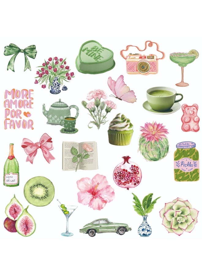 قوس قزح أورينبو 50 قطعة من الملصقات الوردية الخضراء المريمية ملصقات جمالية على شكل فيونكة للبنات ملصقات فينيل مقاومة للماء باللون الوردي والأخضر المريمية للحفلات - Image 3