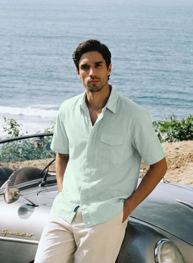 دينيس لينغو Men Sage Cotton Solid Print Button Down Boxy Shirt