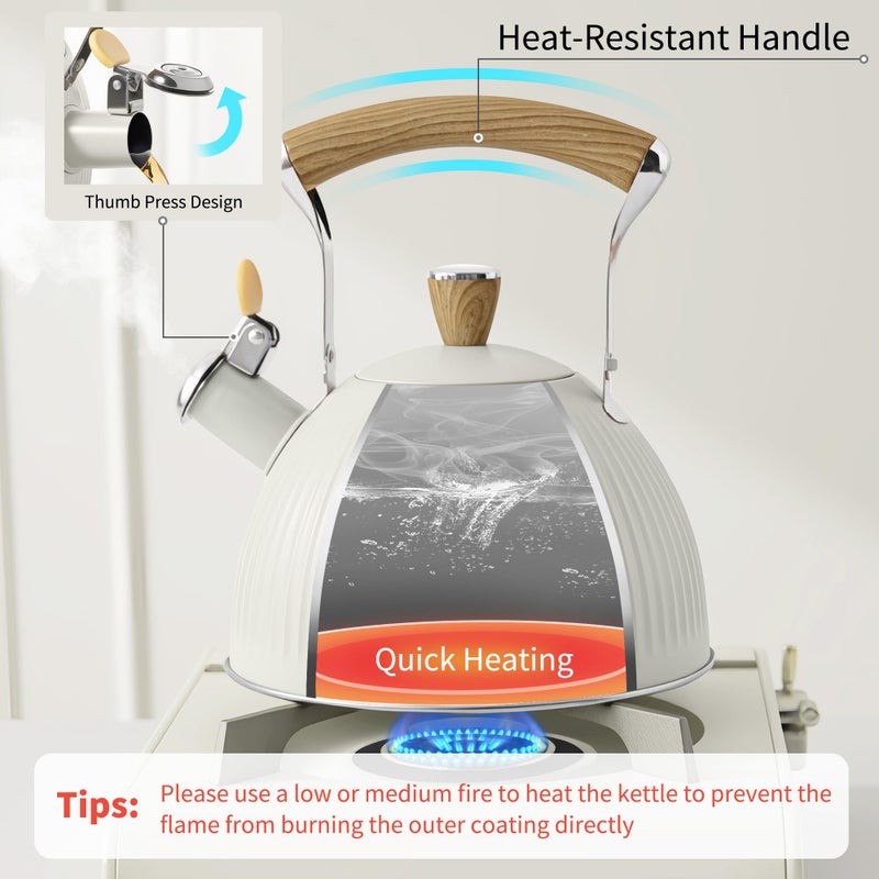 LONFFERY Tea Kettle for Stove Top, 2.5 Quart Whistling Tea Kettle, Stainless Steel and Wood Pattern Folding Handle, Creamy White - Image 3