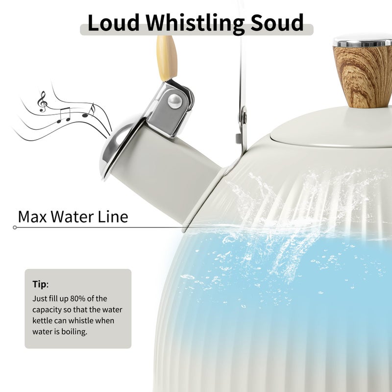 LONFFERY Tea Kettle for Stove Top, 2.5 Quart Whistling Tea Kettle, Stainless Steel and Wood Pattern Folding Handle, Creamy White - Image 2