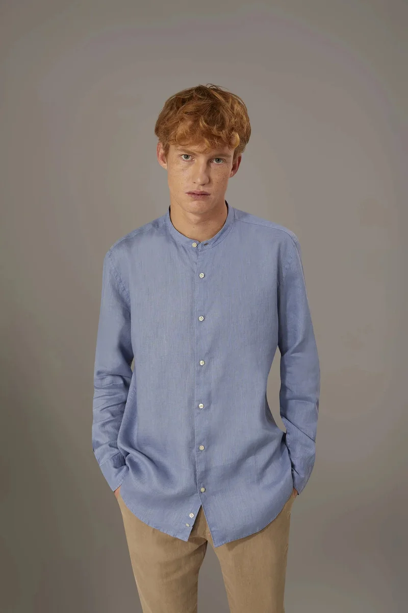 Casual shirt corean collar 100% linen - Denim