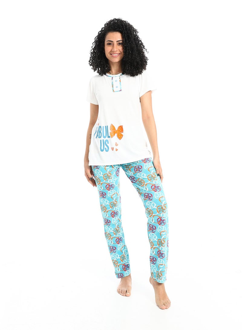 سيزار بيجامة حريمي صيفي نصف كم مزودة بطباعات من الصدر - Image 1