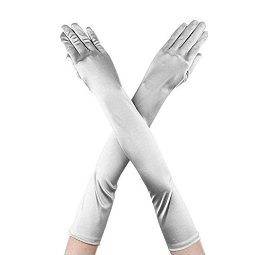 DreamHigh Womens 22 inches Finger Mittens Over Elbow Long Black/White Evening Gloves-Silver - Image 1