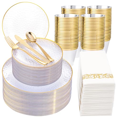 Rubtlamp 350 Pcs Clear Gold Plastic Plates Hammered Disposable Dinnerware ClearGold Plates Set Include 100 Plastic Platos 150 Gold Disposable Silverware 50 Cups And 50 Napkins for Party - Image 2