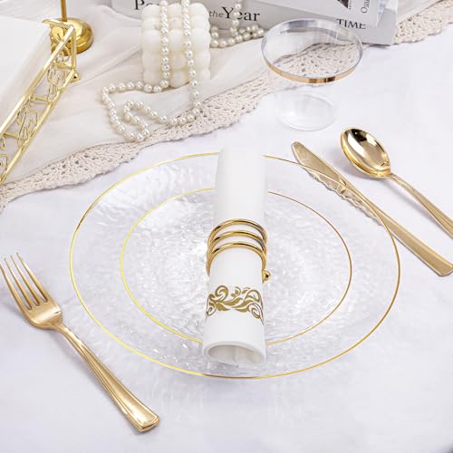 Rubtlamp 350 Pcs Clear Gold Plastic Plates Hammered Disposable Dinnerware ClearGold Plates Set Include 100 Plastic Platos 150 Gold Disposable Silverware 50 Cups And 50 Napkins for Party - Image 5