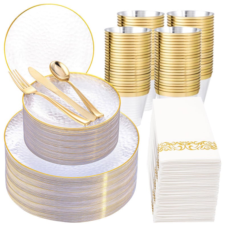 Rubtlamp 350 Pcs Clear Gold Plastic Plates Hammered Disposable Dinnerware ClearGold Plates Set Include 100 Plastic Platos 150 Gold Disposable Silverware 50 Cups And 50 Napkins for Party - Image 3