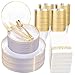 Rubtlamp 350 Pcs Clear Gold Plastic Plates Hammered Disposable Dinnerware ClearGold Plates Set Include 100 Plastic Platos 150 Gold Disposable Silverware 50 Cups And 50 Napkins for Party - Image 1