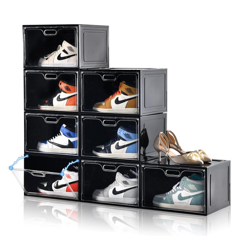 Amllas 8 Pack Shoe Boxes Black Plastic Stackable Large Shoe Storage OrganizerDrop Side Front Shoe Containers for EntrywaySneaker Storage Fit up to US Size 13 for MenWomen13x 106x 83