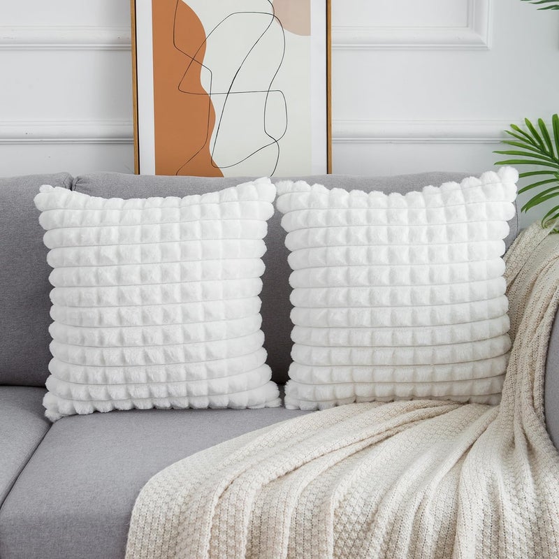 ELECDON 2 قطعة أغطية وسائد 45 × 45 وسائد أريكة منفوشة بفرو صناعي بنمط شبكي، أغطية وسائد فاخرة بوهيمية مزرعة، وسائد مخملية ناعمة للأريكة وغرفة المعيشة والسيارة وديكور المنزل (أبيض) - Image 3