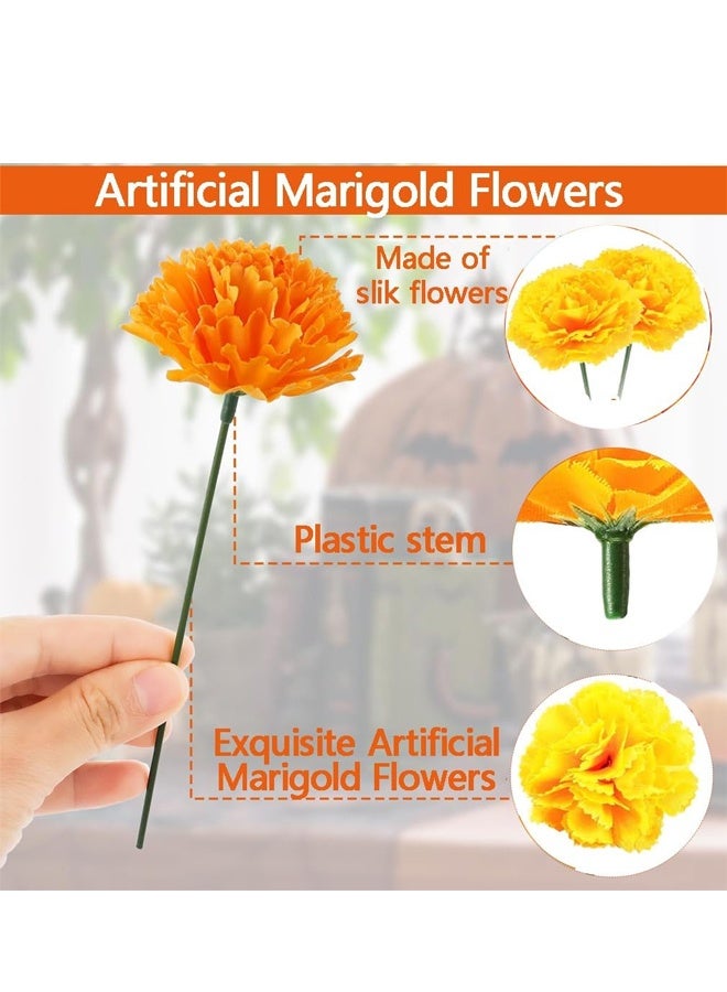 DUNISO 50 قطعة من زهور الماريغولد الاصطناعية، زهور ماريغولد محاكاة مع سيقان، زهور حرير مزيفة للزينة لعيد الموتى وديwali، ديكور منزلي، زينة إكليل الماريغولد لعيد الموتى - Image 5