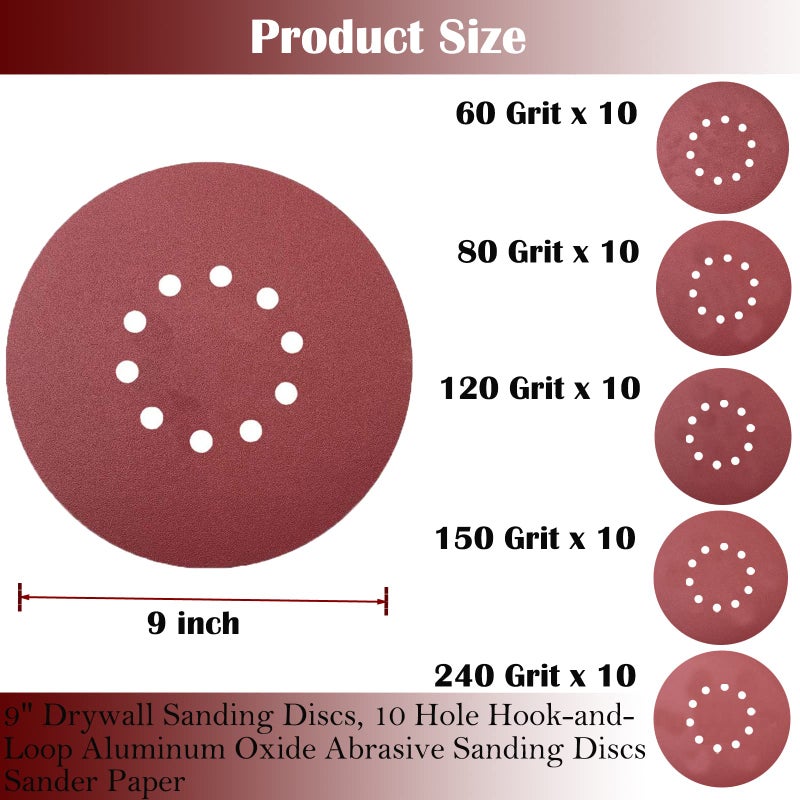 Tonmp 50 PCS 9-Inch 10-Hole Hook-and-Loop Sanding Discs for Drywall Sander -10 Pack Each of 60 80 120 150 240 Grits Sander Paper - Image 2