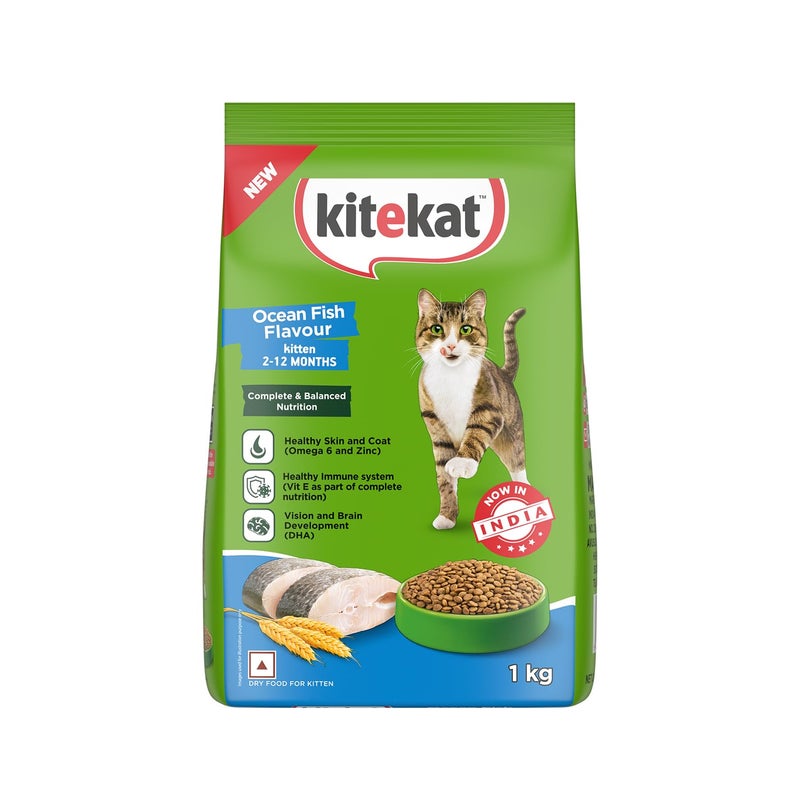 Kitekat طعام جاف للقطط كيتكات (2-12 شهرًا) بنكهة سمك المحيط، 1 كجم | تغذية كاملة ومتوازنة - Image 1
