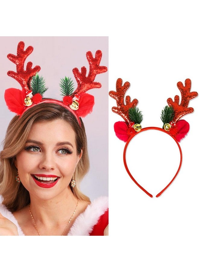 JEAIRTS Christmas Reindeer Antlers Headband Sequin Antler Ears Xmas Hair Band Cute Holiday Headbands Accessories For Women (2-Red) - Image 1