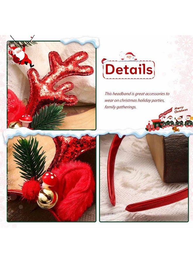 JEAIRTS Christmas Reindeer Antlers Headband Sequin Antler Ears Xmas Hair Band Cute Holiday Headbands Accessories For Women (2-Red) - Image 2