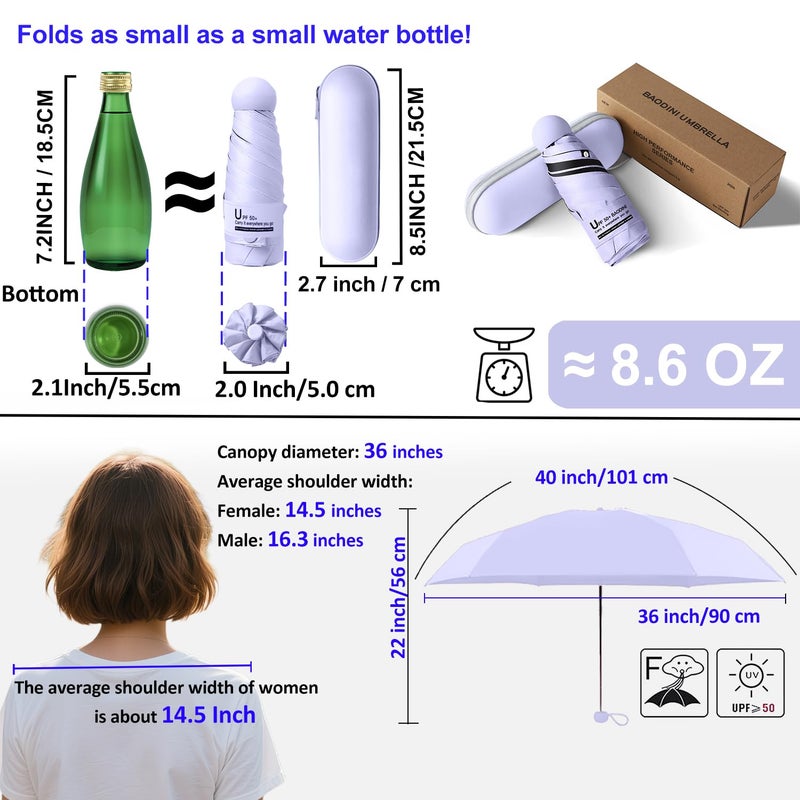 BAODINI Travel Essentials Mini Umbrella for Purse With Case Small Compact UV Sun Protection Lightweight Tiny Pocket Manual Open Close Umbrella for Women Kids and Men Fits Purse Backpack - Image 3