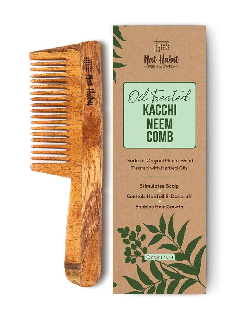 عادة نات مشط نات هابيت كاتشي نيم الخشبي، منقوع في 13 عشبة من زيت النيم والسمسم لفعاليات متعددة - فك التشابك والتحكم في التجعد ولمعان الشعر، مناسب لجميع أنواع الشعر (أسنان دقيقة) - Image 1