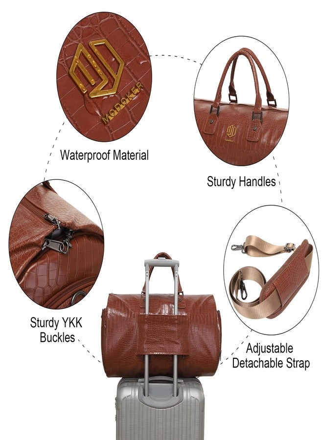 Modoker 2-in-1 Waterproof Leather Garment & Duffel Bag, 45L Carry-On Hanging Suitcase with Detachable Shoulder Strap, Wrinkle-Free Travel Luggage for Men & Women, Light Brown - Image 3