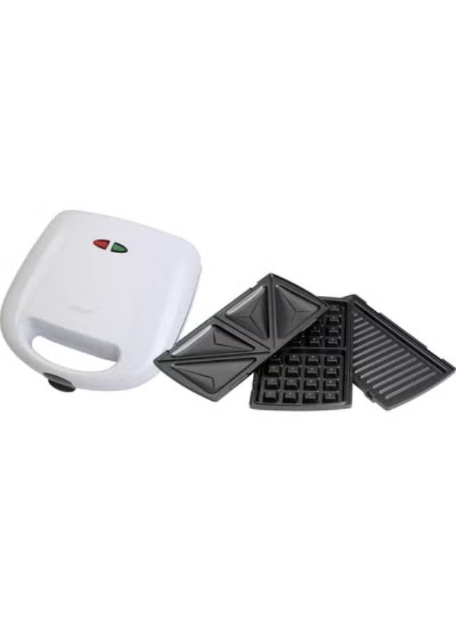 3-in-1 Sandwich Maker, for sandwiches, roast meat, or waffles, with removable non-stick plates, LED indicator lights, and a cool-touch handle - White - Image 1