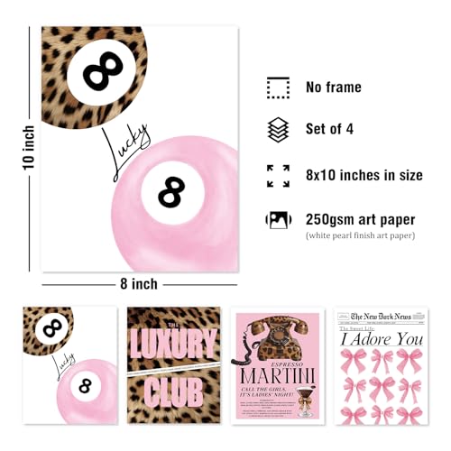 DSHFG Preppy Pink Cheetah Print Pictures Wall Decor, Trendy Leopard Lucky 8 Ball Posters Y2k Room Decor, Funky Wall Art for Bedroom Bathroom Dorm College Club, Coquette Bow Art Prints 8x10 Unframed - Image 2
