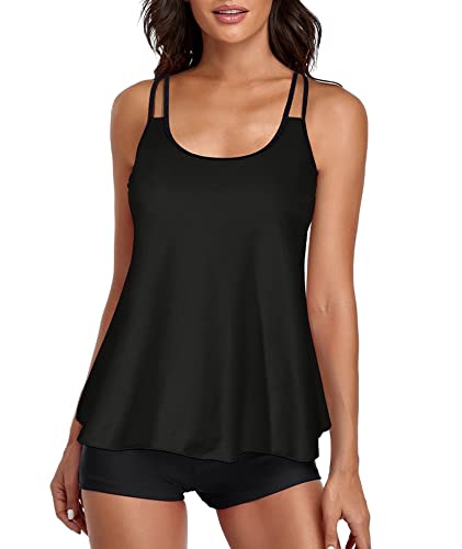 Urchics Womens 2025 Tankini Swimsuits Tummy Control Flowy Swimwear Two Piece Bathing Suits Swim Tank Top with Boyshorts Black L - Image 5