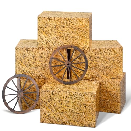 Outus 8 Pcs Hay Bales Paper Boxes Decor Western Cowboy Party Decorations Trunk or Treat Car Decor Fake Hay Photo Booth Props Rustic Wooden Wagon Wheel Straw for Fall Harvest Halloween