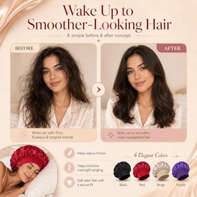 ALKAYAN Satin Bonnet for Sleeping Pack of 2 – Adjustable Soft Hair Sleep Caps for Women, Protect Natural Hair, Braids, Curly or Straight Styles, Comfortable & Durable - Image 5