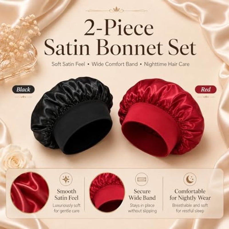 ALKAYAN Satin Bonnet for Sleeping Pack of 2 – Adjustable Soft Hair Sleep Caps for Women, Protect Natural Hair, Braids, Curly or Straight Styles, Comfortable & Durable - Image 2