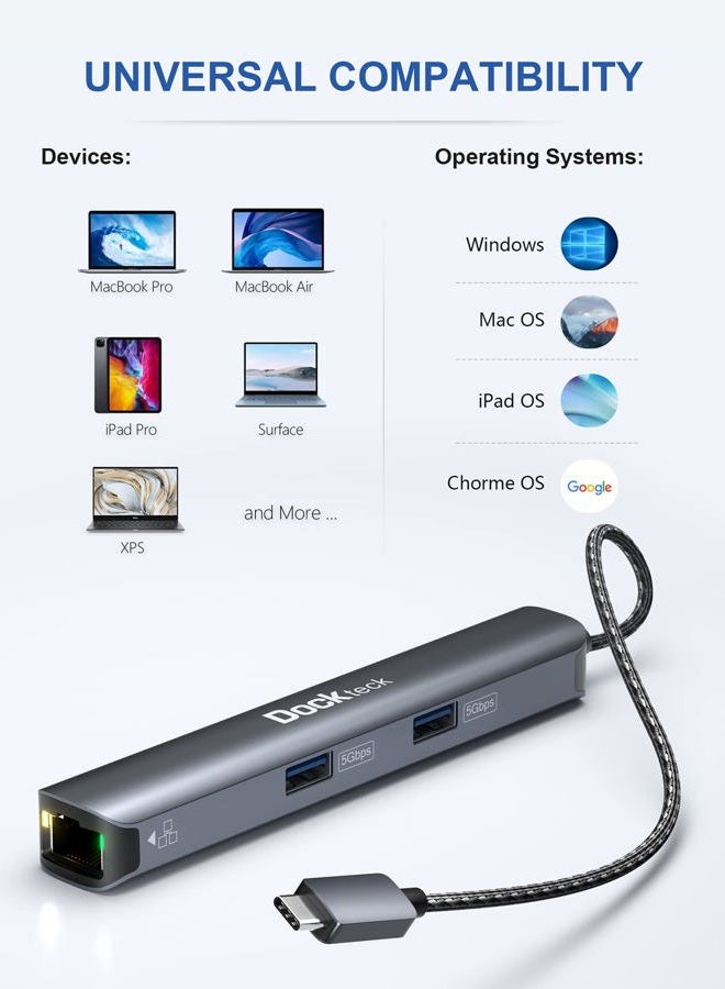 Dockteck USB C Hub Ethernet HDMI, 6-in-1 USB-C to 4K 60Hz, 100W PD, USB-C Data, 1Gbps Ethernet, 2 USB 3.0, Type C Adapter for MacBook Pro/Air, iPad Pro/Air/Mini 6, Surface Pro 7/8, XPS - Image 5