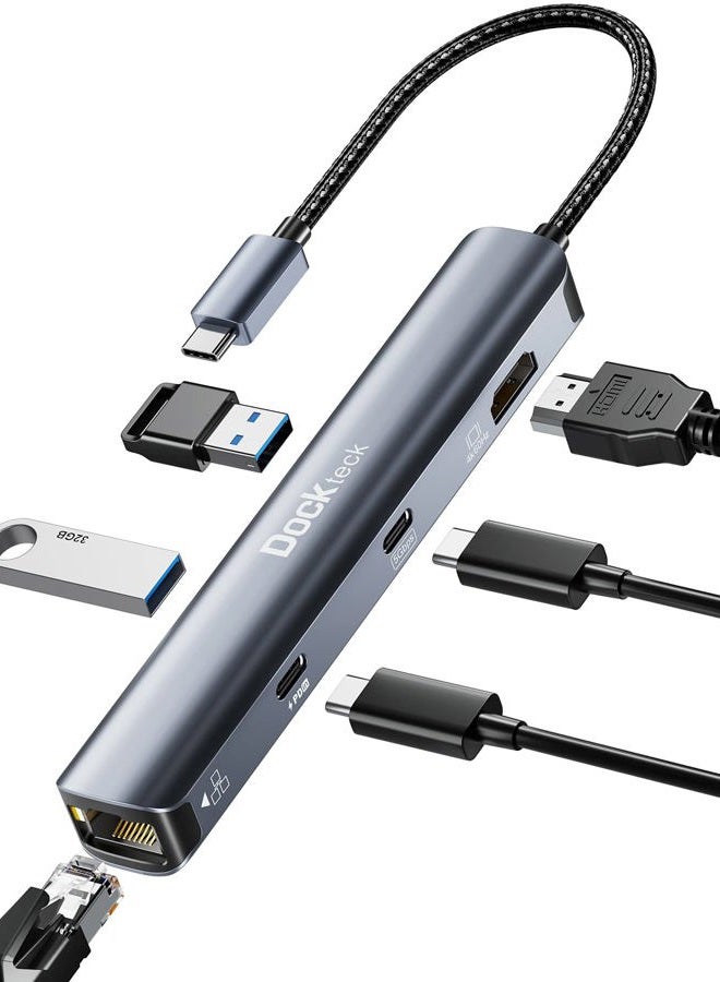 Dockteck USB C Hub Ethernet HDMI, 6-in-1 USB-C to 4K 60Hz, 100W PD, USB-C Data, 1Gbps Ethernet, 2 USB 3.0, Type C Adapter for MacBook Pro/Air, iPad Pro/Air/Mini 6, Surface Pro 7/8, XPS - Image 1