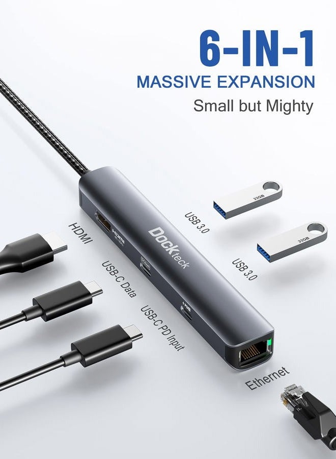 Dockteck USB C Hub Ethernet HDMI, 6-in-1 USB-C to 4K 60Hz, 100W PD, USB-C Data, 1Gbps Ethernet, 2 USB 3.0, Type C Adapter for MacBook Pro/Air, iPad Pro/Air/Mini 6, Surface Pro 7/8, XPS - Image 2