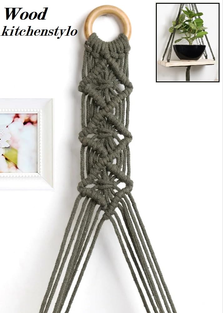 Kitchenstylo Kitchenstylo Macrame Handmade Wall Shelf for Plants Decor Cotton Cord Pine Wooden Plank Hanging Floating Shelf Boho Decor Set of 2 for Bedroom Living Room Balcony Beige 55 x 30  - Image 5