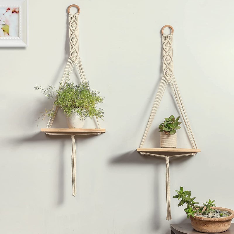 Kitchenstylo Kitchenstylo Macrame Handmade Wall Shelf for Plants Decor Cotton Cord Pine Wooden Plank Hanging Floating Shelf Boho Decor Set of 2 for Bedroom Living Room Balcony Beige 55 x 30  - Image 1