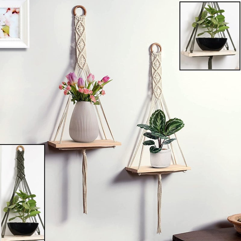 Kitchenstylo Kitchenstylo Macrame Handmade Wall Shelf for Plants Decor Cotton Cord Pine Wooden Plank Hanging Floating Shelf Boho Decor Set of 2 for Bedroom Living Room Balcony Beige 55 x 30  - Image 3