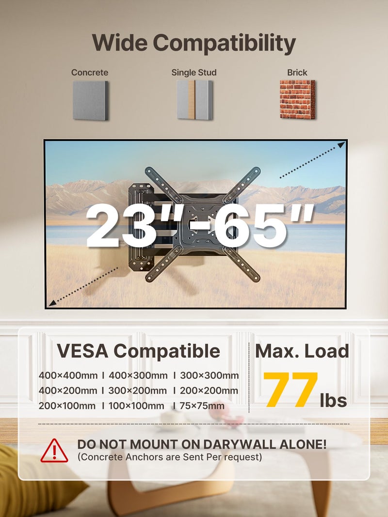 monTEK Long Arm TV Wall Mount for Most 23-65 Inch TVs, 37 Inch Long Extension TV Mount Swivel and Tilt, Full Motion Wall Mount Tv Bracket Fit Max VESA 400 x 400mm, Up to 77 lbs - Image 2