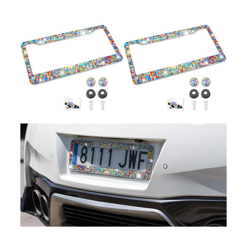 YALOK Bling 2PCS Car License Plate Frame Handcrafted Crystal Stainless Steel License Plate Frame Sparkly Durable Universal Fit Car Accessories for Girls Women Multicolor - Image 3
