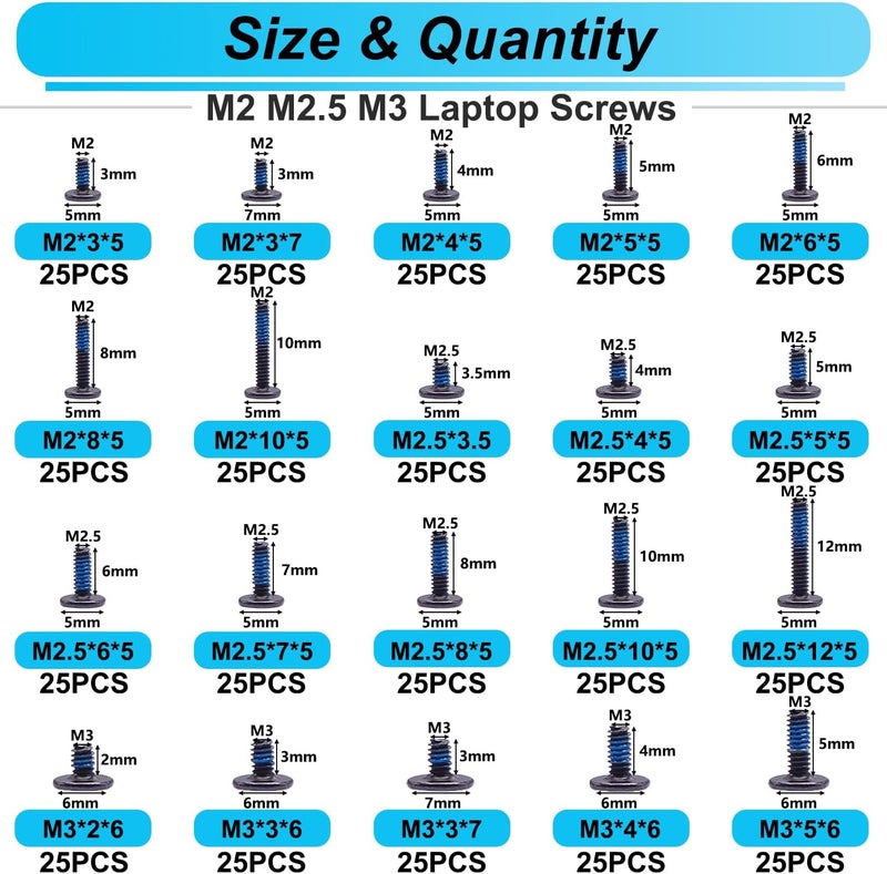 Bemaka 500PCS Laptop Screws Notebook Computer Screws Kit 20 Sizes Blue Nylok Screws M2 M2.5 M3 Laptop Replacement Computer Screws for Motherboard SSD PC Fan Hard Drive - Image 5