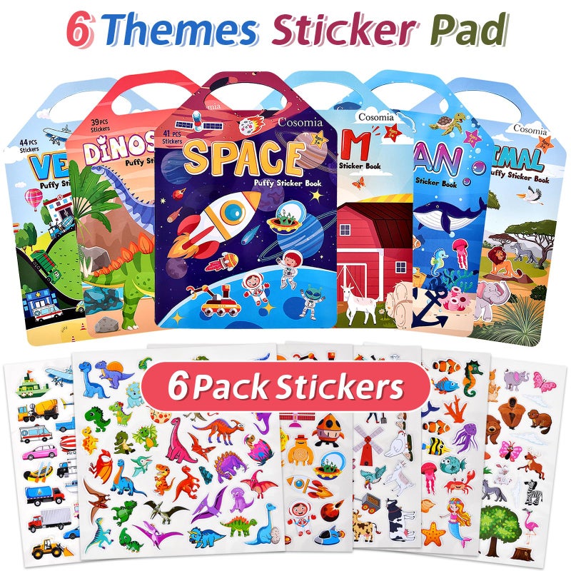 Cosomia 6 Set (260pcs) Puffy Sticker Books Activity for Kids, Animal, Farm, Dinosaurs, Space, Vehicle, Ocean, 3D Reusable Stickers for Boys and Girls, Travel Sticker Books for Kids Ages 3+ - Image 2