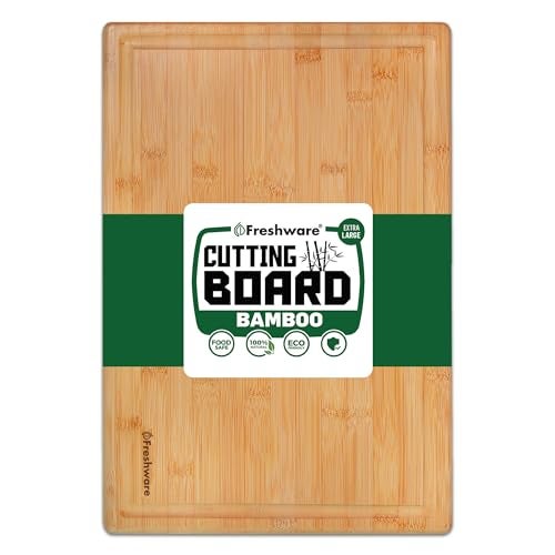 Freshware Bamboo Cutting Boards for Kitchen with Juice Groove [Extra-Large] Wood Cutting Board for Chopping Meat, Vegetables, Fruits, Cheese, Knife Friendly Serving Tray with Handles, 18 x 12.5 Inch - Image 1