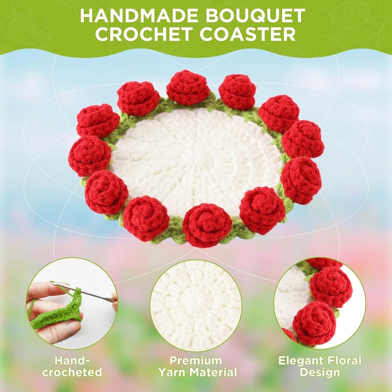 Vane Oak Flower Crochet Coasters, Handmade Bouquet Blanket Coaster with Crochet Plant Pot Fun Soft Decorative Drink Coasters for Coffee Tabletop Protection and Home Decor (Red, 1Pc) - Image 4