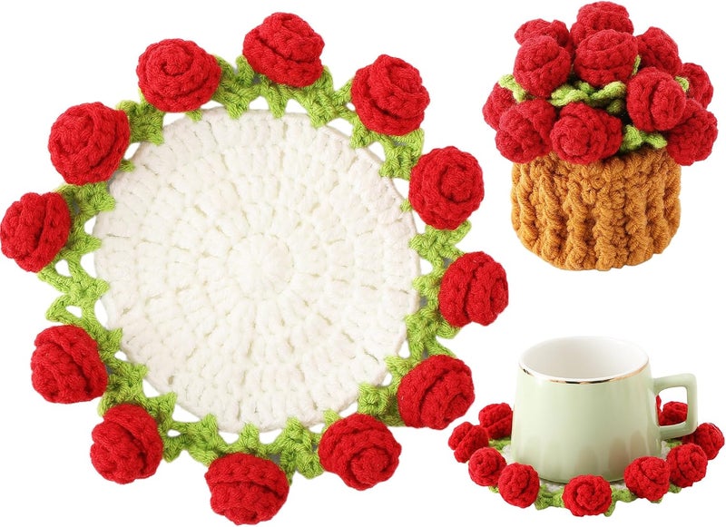 Vane Oak Flower Crochet Coasters, Handmade Bouquet Blanket Coaster with Crochet Plant Pot Fun Soft Decorative Drink Coasters for Coffee Tabletop Protection and Home Decor (Red, 1Pc) - Image 1