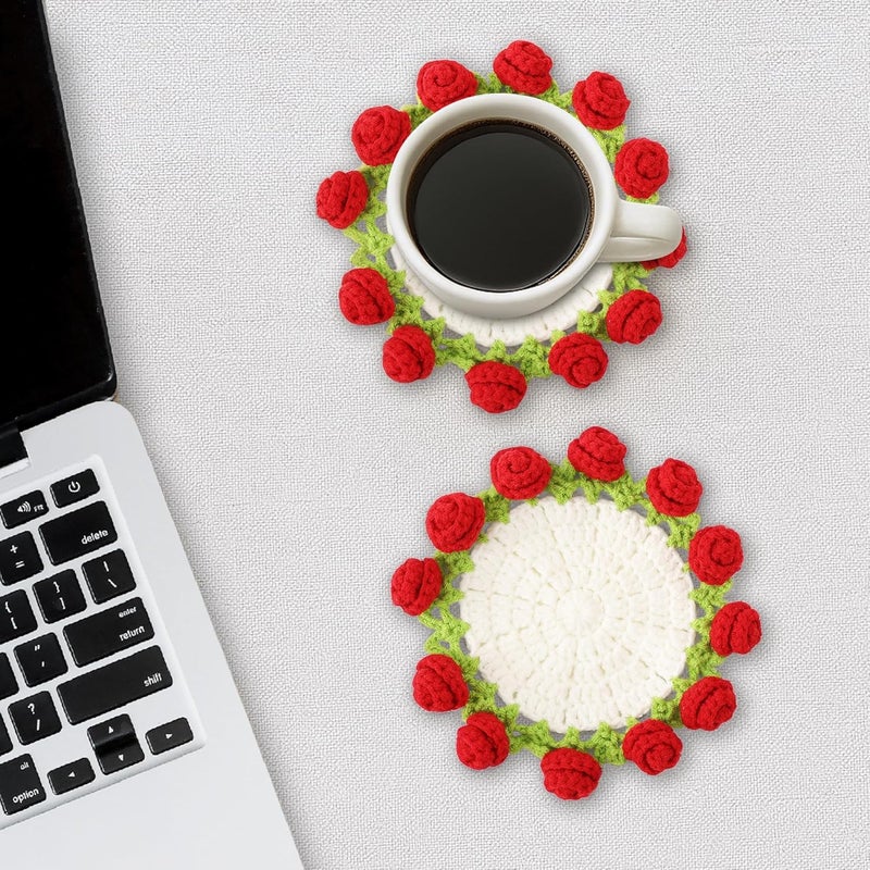 Vane Oak Flower Crochet Coasters, Handmade Bouquet Blanket Coaster with Crochet Plant Pot Fun Soft Decorative Drink Coasters for Coffee Tabletop Protection and Home Decor (Red, 1Pc) - Image 5