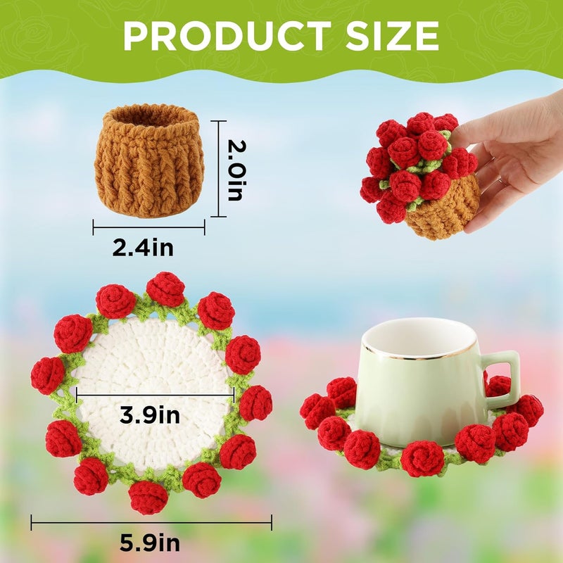 Vane Oak Flower Crochet Coasters, Handmade Bouquet Blanket Coaster with Crochet Plant Pot Fun Soft Decorative Drink Coasters for Coffee Tabletop Protection and Home Decor (Red, 1Pc) - Image 2
