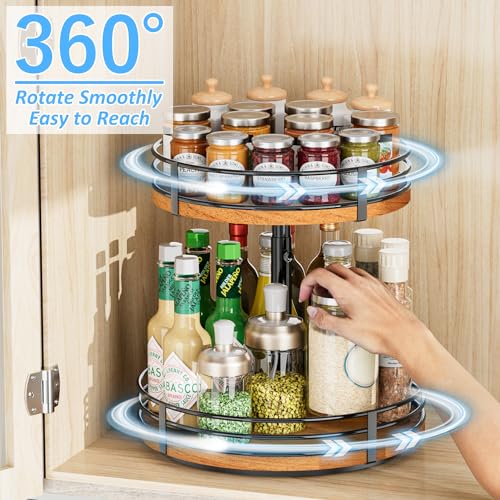 OVICAR Lazy Susan Turntable Organizer Adjustable - 2 Tier Wood Rotating Spice Rack 12 Inch Lazy Susan for Kitchen Countertop Cabinet Pantry Cupboard Dining Table Bathroom Coffee Bar Home Storage - Image 2