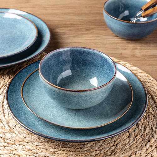 AmorArc Ceramic Dinnerware Sets for 4, 12 Pieces Handpainted Plates and Bowls Set, Scratch Resistant Stoneware Dishes Set, Dishwasher & Microwave Safe, Ceylon Blue - Image 4